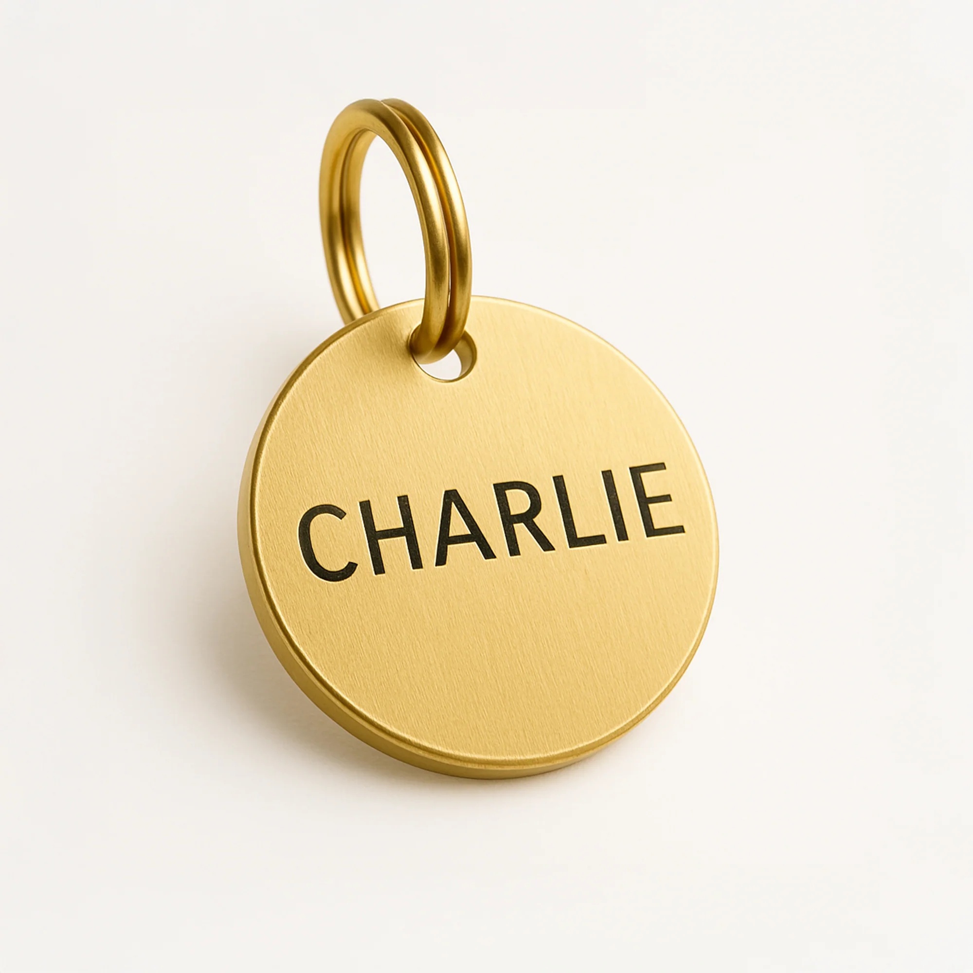 Gold brushed metal circular pet tag engraved with CHARLIE
